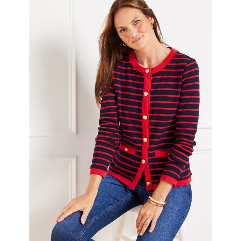 Talbots striped gold button Cardigan Sweater Womens Large Red Navy Blue Cotton